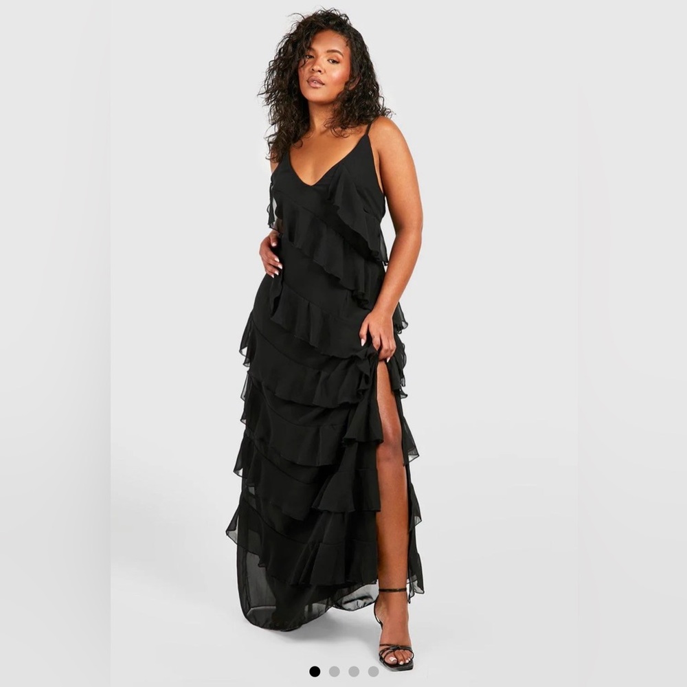 Boohoo Black Asymmetrical Ruffled Maxi Gown